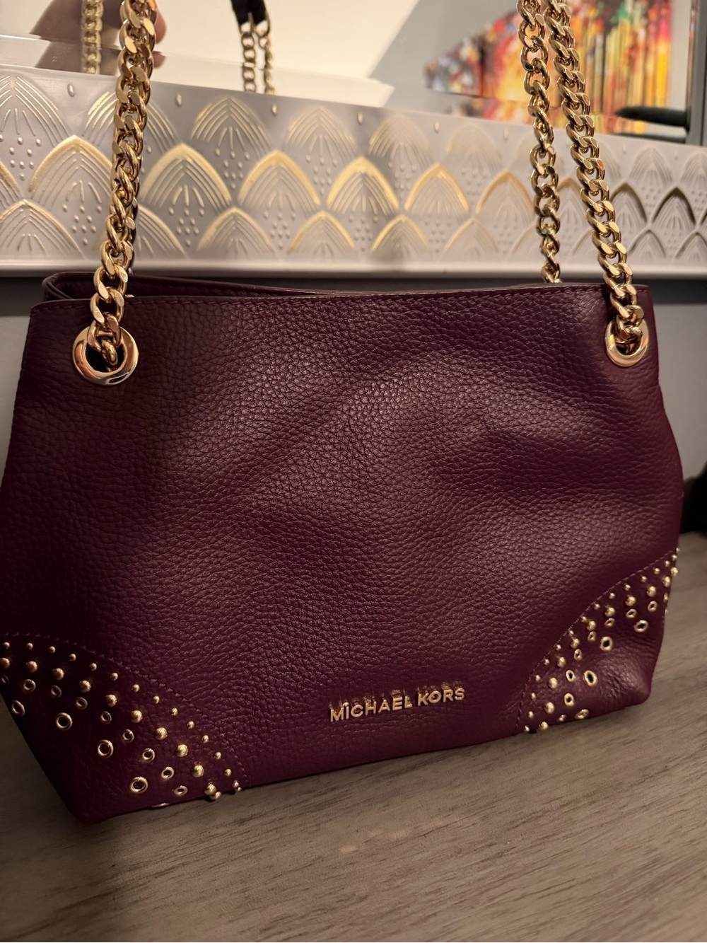 Michael Kors Jet Set Studded Chain-Handle Purse Tote Bag - Plum Deep Purple